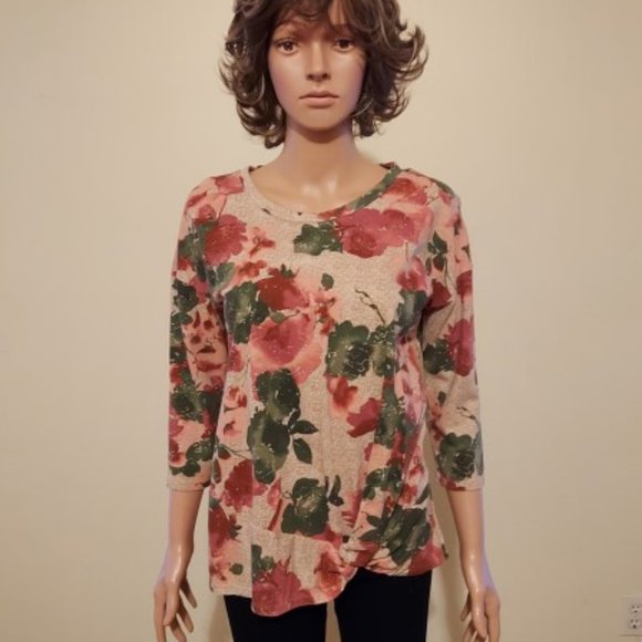New Directions Fall Floral 3/4 Aleeve with Knot Tie at Hem Size S NWT - Picture 1 of 4